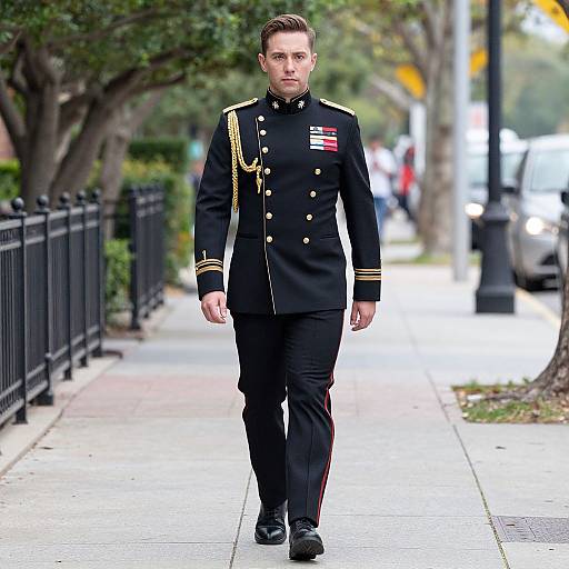 Photograph of a stern-looking male military officer in black dress uniform with gold trim, medals, and red stripe, walking down a suburban sidewalk with trees