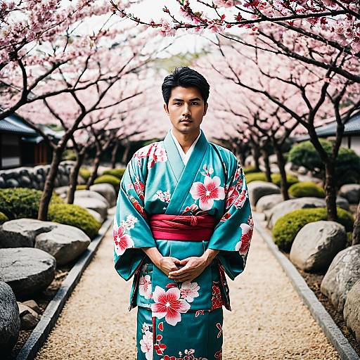 Asian Man in Floral Kimono with Cherry Blossoms