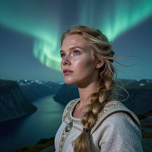Photograph of a blonde woman with braided hair, wearing a sparkling white dress, gazing at vibrant green northern lights over a dark, icy landscape