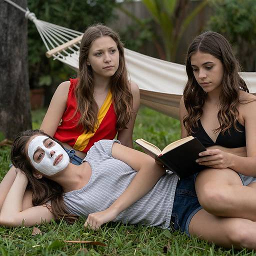 Three Women Relaxing Outdoors with Face Mask and Book