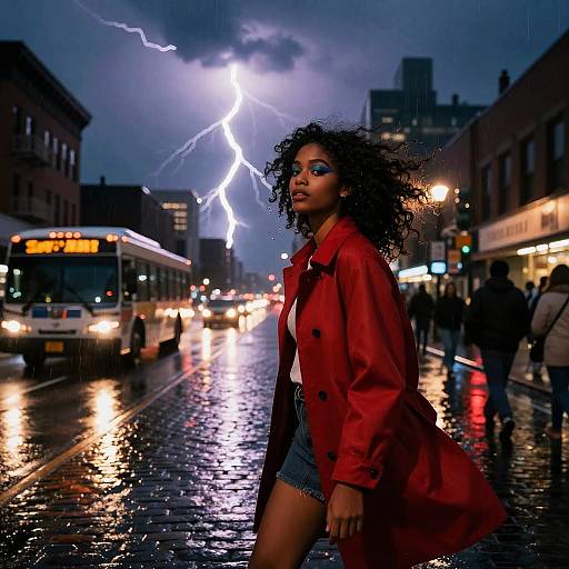 Young Woman in Red Coat with Lightning in Urban Nightstorm