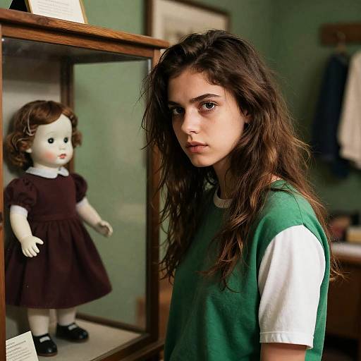Young Woman with Doll in Display Case