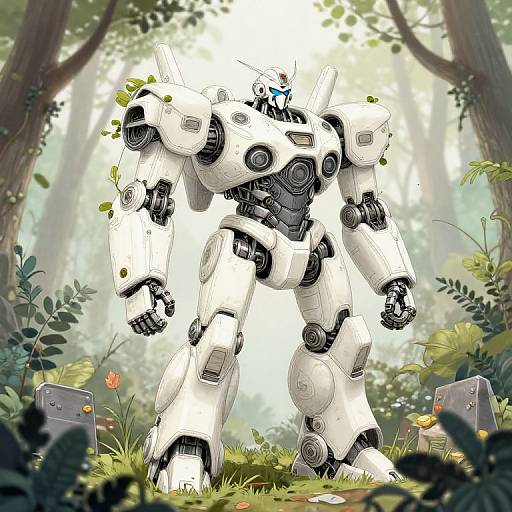 Digital illustration of a white, futuristic robot standing in a lush forest, surrounded by small plants and glowing orbs, with sunlight filtering through trees in the background
