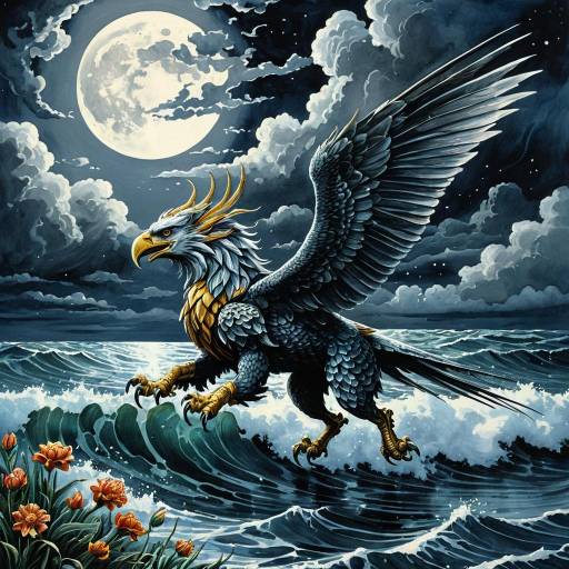 Mechanized Gryphon Over Ocean at Night
