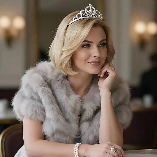 Elegant Blonde Woman with Tiara and Fur