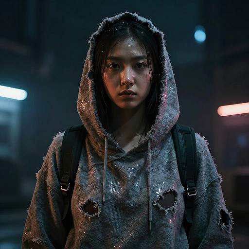 Photograph of a solemn young woman with wet, dark hair, wearing a shimmery, torn grey hooded sweatshirt, and carrying a black