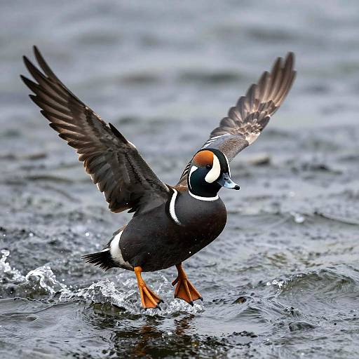 Harlequin Duck in Mid-Flight Over Rapids