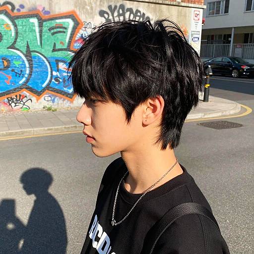 Young Man with Bowl Cut Hairstyle on Urban Street