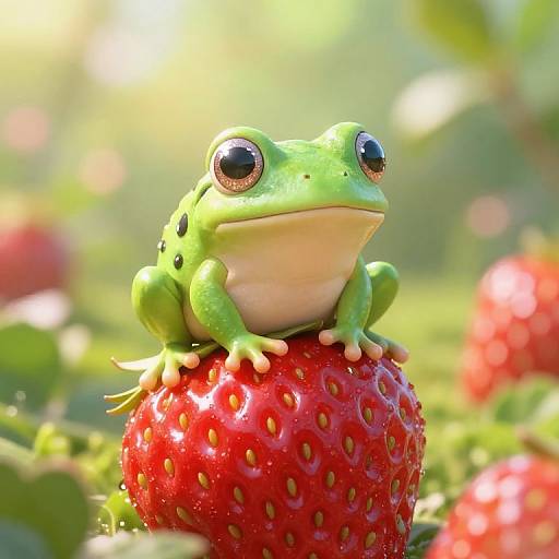 Cute Frog on Strawberry with Sparkling Eyes