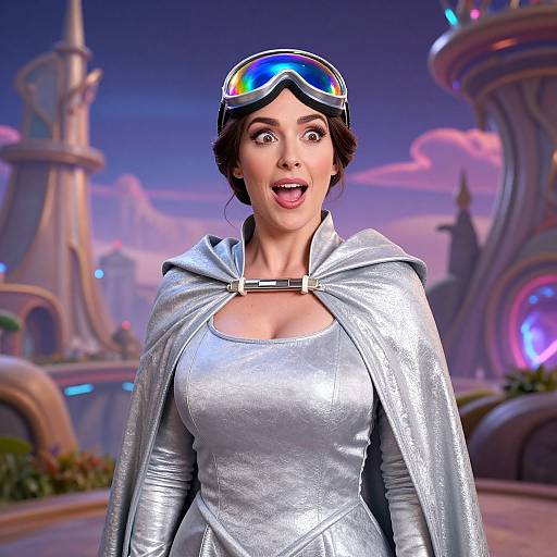 CGI image of a surprised, dark-haired woman in a shiny silver dress and cape, futuristic goggles, futuristic cityscape background.