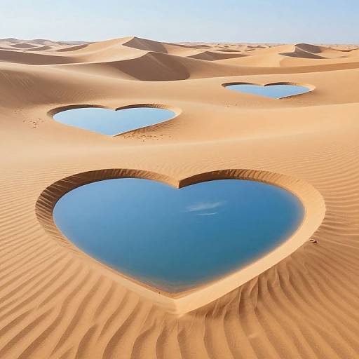 Photograph of a sunlit desert with two large heart-shaped holes revealing a clear blue sky, set against rippled sand dunes.
