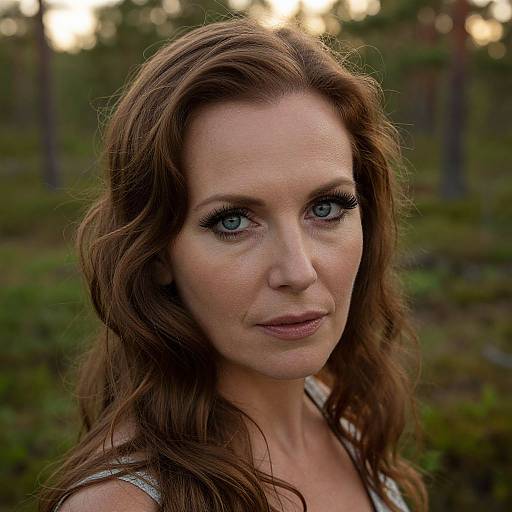 Photograph of a fair-skinned woman with long, wavy brown hair, blue eyes, and subtle makeup, standing in a forest at sunset.