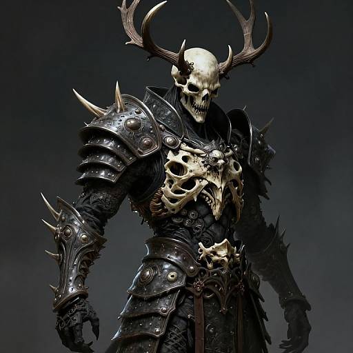 Digital art of a menacing skeletal warrior with antlers, wearing dark, spiked armor adorned with skulls, against a dark, cloudy background.