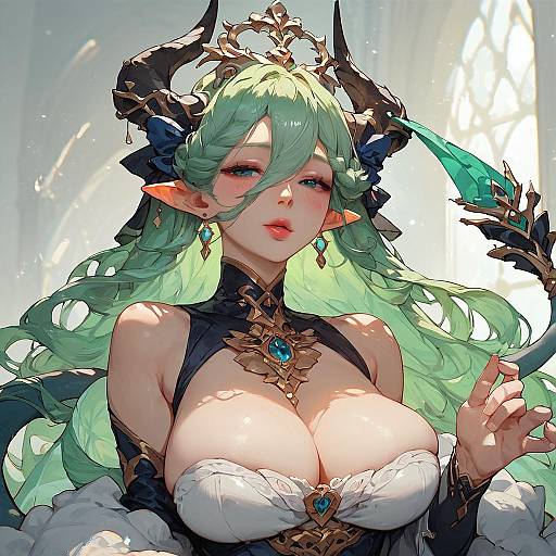 Digital anime-style artwork of a green-haired, horned, elven woman with large breasts, wearing a detailed, black and white, fantasy dress,