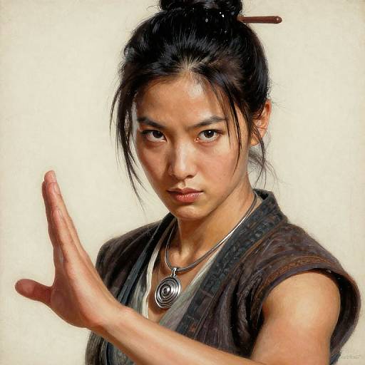 Photograph of an Asian woman with black hair in a bun, wearing a dark sleeveless top and spiral necklace, raising her right hand in a martial