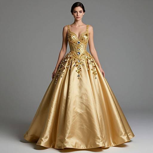 Photograph of a woman with dark hair in an elegant, gold, floor-length gown with intricate beadwork and a deep V-neck, standing against a