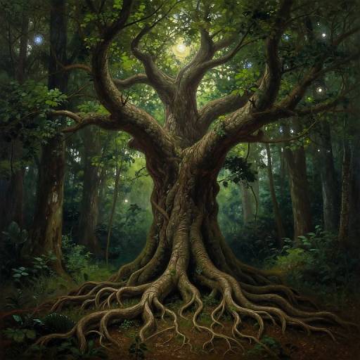 Photorealistic digital art of a massive, twisted tree with thick, gnarled roots in a dense, dark forest illuminated by glowing fireflies.