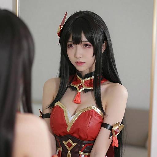 Asian Woman in Red and Gold Cosplay