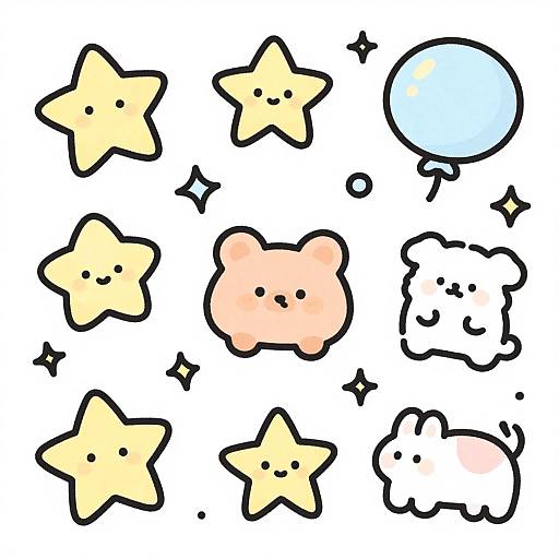 Cute digital illustration of six cartoon stars and a blue balloon with black outlines, each with a smiling face.