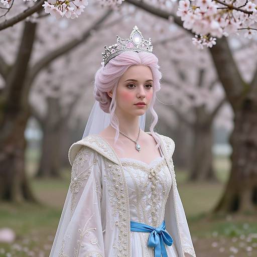 Photorealistic CGI of a young, fair-skinned princess with pink hair, wearing a silver tiara, white embroidered gown, blue ribbon, and