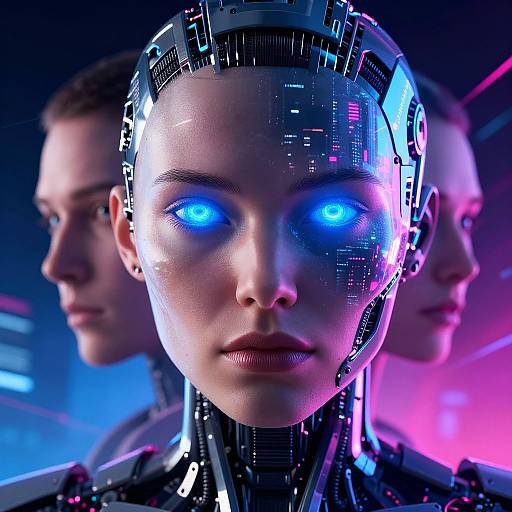 CGI image of a cybernetic woman with glowing blue eyes, futuristic headgear, and two blurred male figures in neon-lit background.