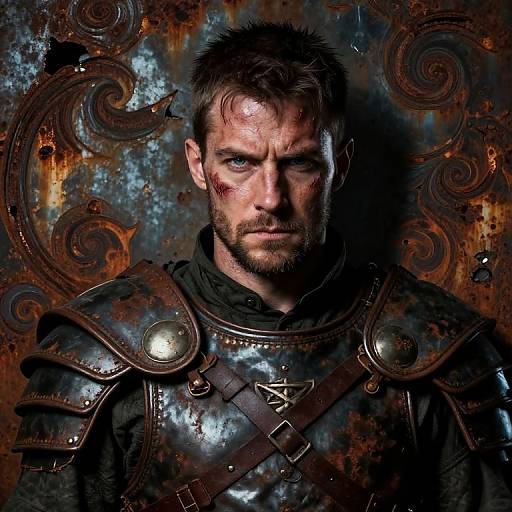 Photograph of a rugged, bearded man with blue eyes, wearing shiny, dark metal armor and a leather strap, against a swirling, rusted