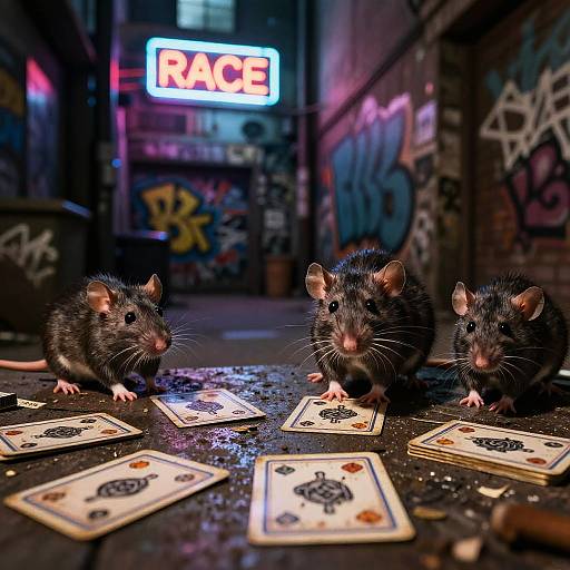 Rats Playing Cards in Neon Alley