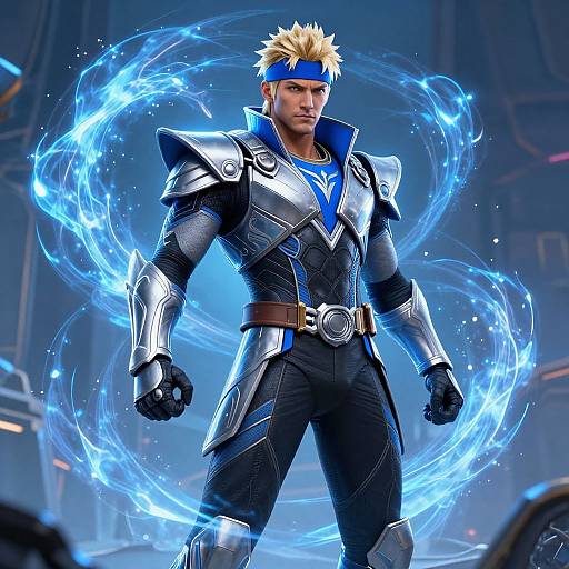 Digital art of a muscular, blonde-haired warrior in blue and silver armor, surrounded by glowing blue energy circles, standing confidently in a futuristic, dimly