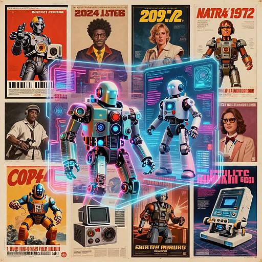 Vibrant collage of 1980s sci-fi and robotics-themed posters featuring robots, Afro-haired man, retro computer, and futuristic armor with neon