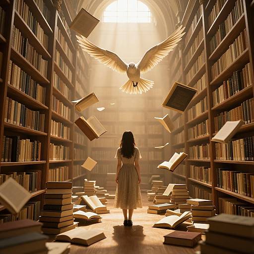 Digital artwork of a girl in a white dress facing a golden-winged dove amidst floating books in a sunlit, expansive library.