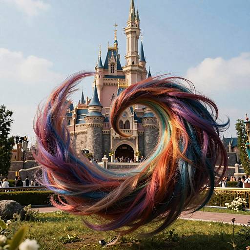 Digital artwork of a colorful, swirling, rainbow-hued vortex in front of a grand, fairy-tale castle with blue sky and greenery.
