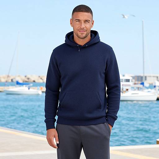 Photograph of a muscular, short-haired man with light skin, wearing a black hoodie and gray pants, standing by a blue waterfront with boats in the