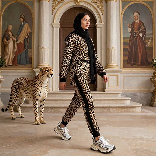 Photograph of a woman in a leopard-print suit, black scarf, and white sneakers walking in an ornate room with a cheetah and classical