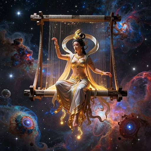 Digital artwork of a goddess with golden jewelry and white drapery, sitting on a harp in a cosmic, starry nebula background.