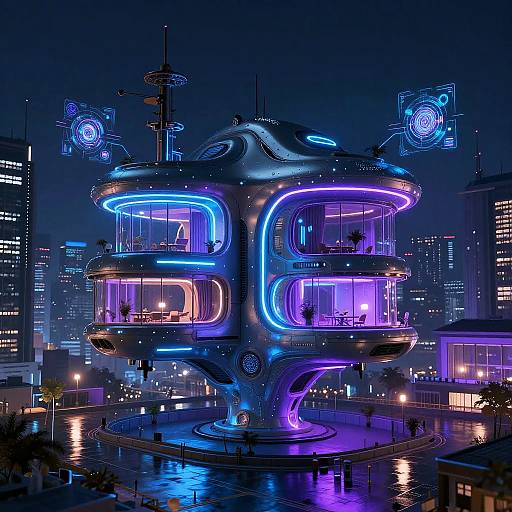 Neon-lit, futuristic, two-tiered city building with glowing blue and purple lights, set against a dark night skyline with illuminated skyscrapers