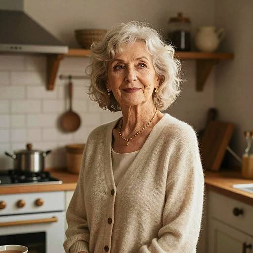 Photograph of an elderly white woman with short, curly gray hair, wearing a beige cardigan and necklace, smiling in a warmly lit kitchen.