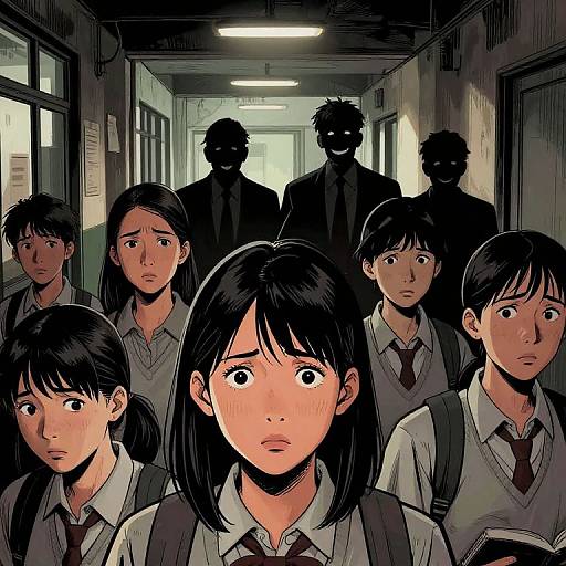 Digital anime-style drawing: Foreground shows five anxious Asian schoolchildren with black hair, wearing white shirts and red ties. Background features four shadowy figures