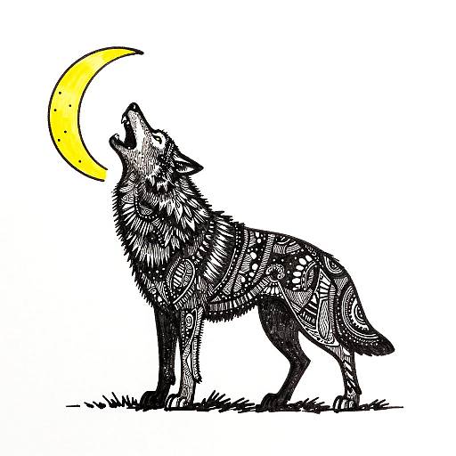 Ink drawing of a black wolf howling at a yellow crescent moon, detailed with intricate patterns, standing on grass.