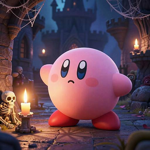 Digital art: Kirby, a round pink character with red feet and arms, stands in a spooky, candlelit stone corridor with a skull, spider web