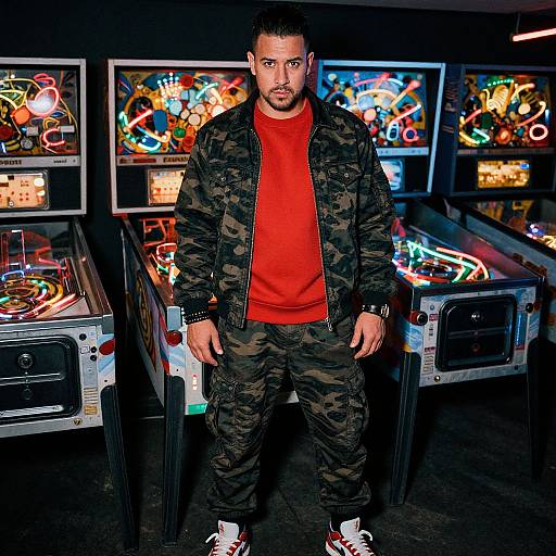 Photograph of a bearded, muscular man in a red shirt and camouflage jacket, standing in a brightly lit arcade with neon pinball machines in the