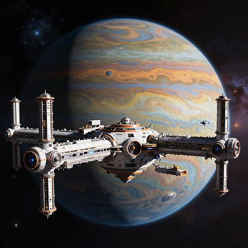 Intricate Sci-Fi Space Station Orbiting Gas Giant