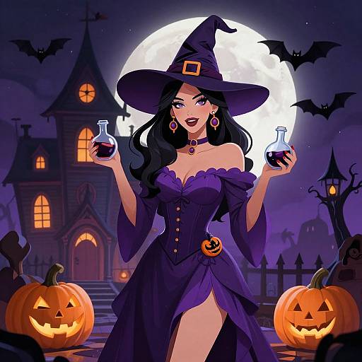 Digital illustration of a sexy, dark-haired witch in a revealing purple dress, holding potions, with glowing jack-o'-lanterns and bats against a