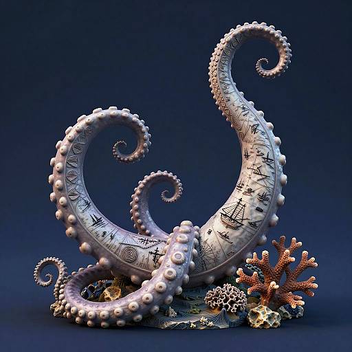 Ornate Kraken Tentacle Sculpture with Nautical Scrimshaw