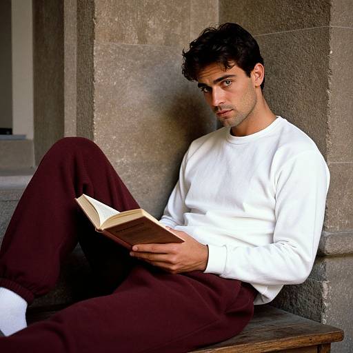 Photograph of a young man with dark hair and brown eyes, wearing a white long-sleeve shirt and brown pants, sitting against a stone wall