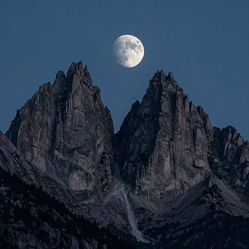 Photograph of a full moon illuminated against a deep blue night sky, set behind rugged, dark mountain peaks with a faint trail of snow on the lower