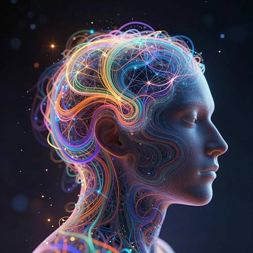 Digital art of a silhouetted human head with vibrant, neon-colored, swirling lines and star-like particles filling the hair and neck against a dark