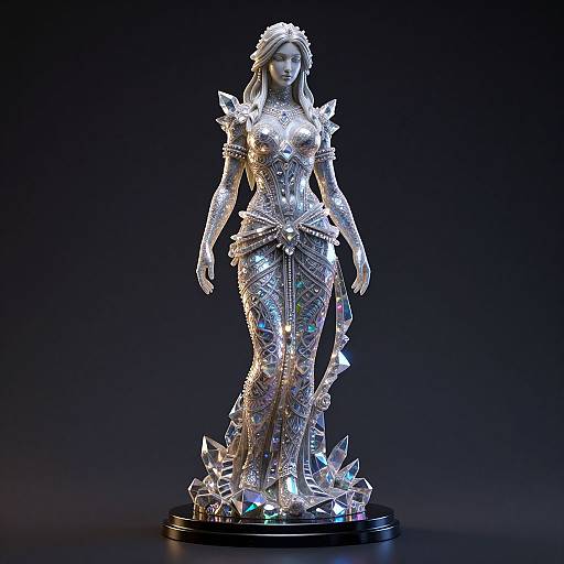 CGI-rendered, silver, crystal-encrusted, fantasy female statue with intricate armor, flowing gown, and crown, standing on a black