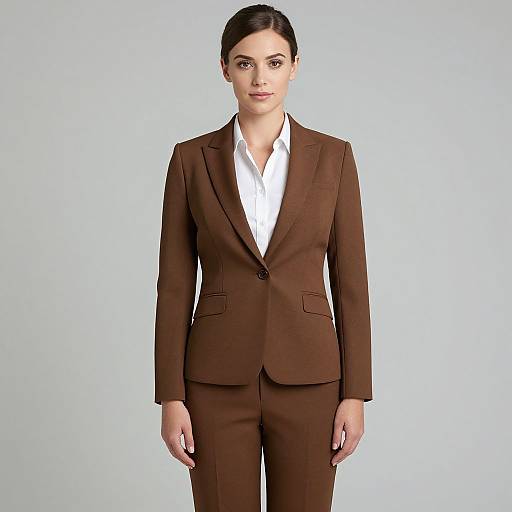 Photograph of a young woman with fair skin and dark hair in a neat bun, wearing a brown suit with a white shirt, standing against a plain