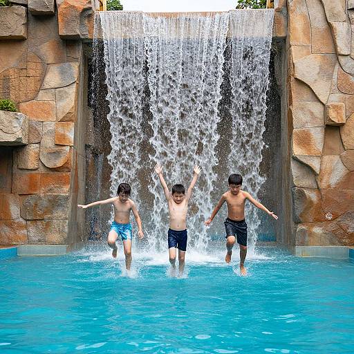Three boys joyfully jump into a bright blue pool beneath a cascading waterfall, framed by rocky walls, in a vibrant photograph.