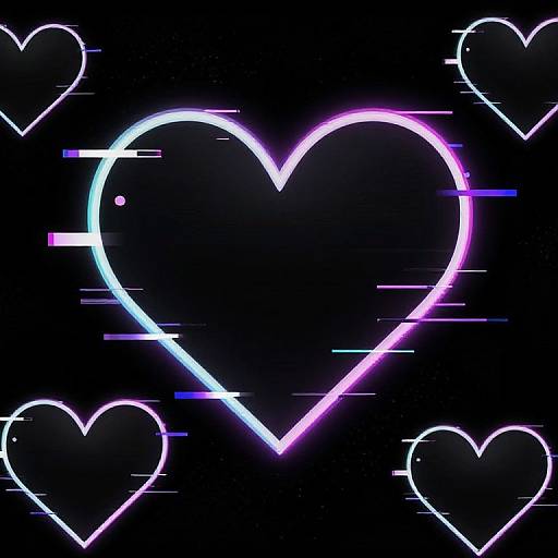 Neon digital art of a glowing, multicolored heart outline with pink, blue, and purple streaks, surrounded by four smaller black heart sil